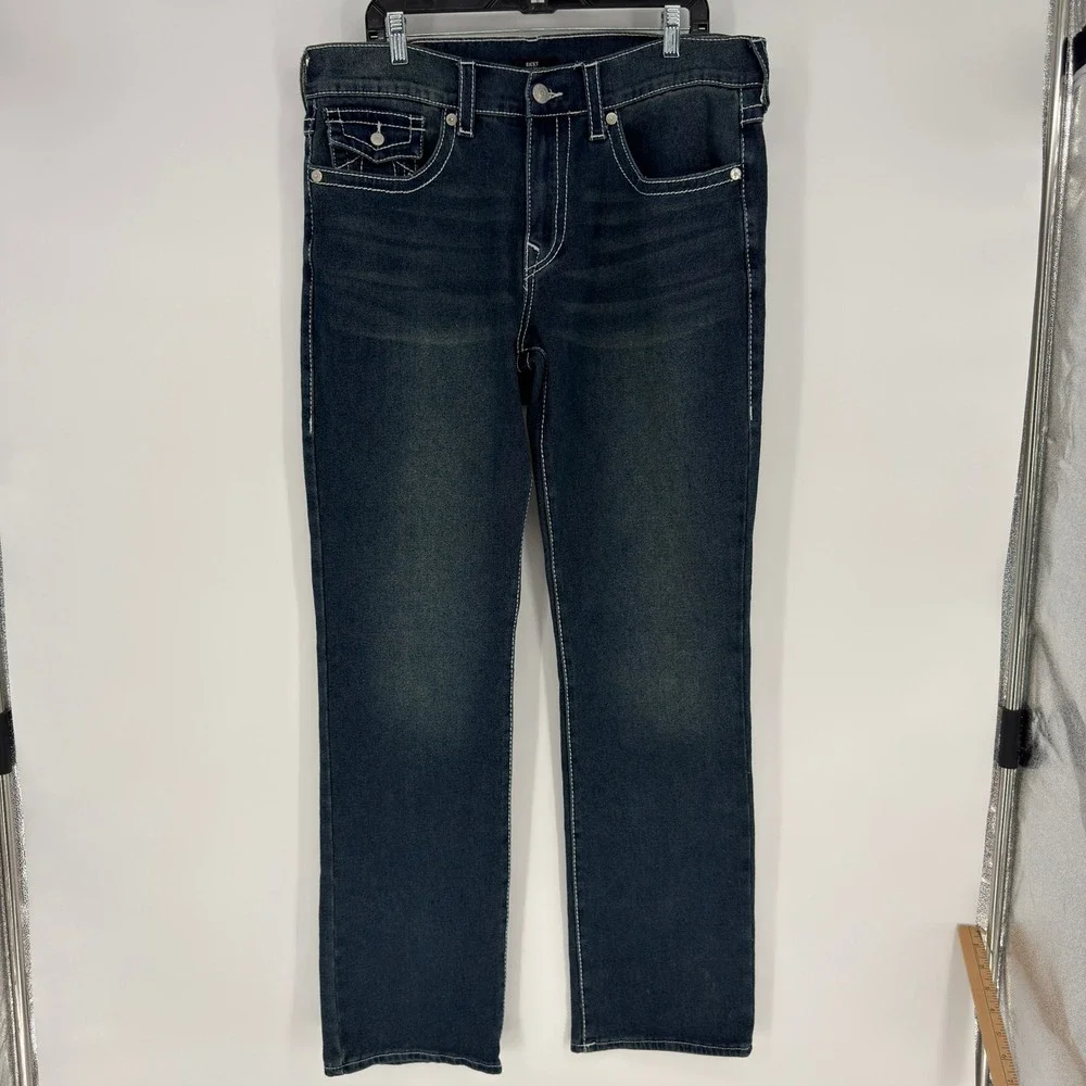 True Religion Ricky Relaxed Straight Dark Wash Contrast Stitch Jeans Mens 36